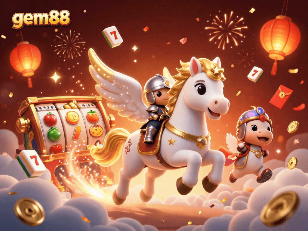 Join the excitement of gem88 with a dynamic 3D illustration depicting lucky symbols and enchanting characters.