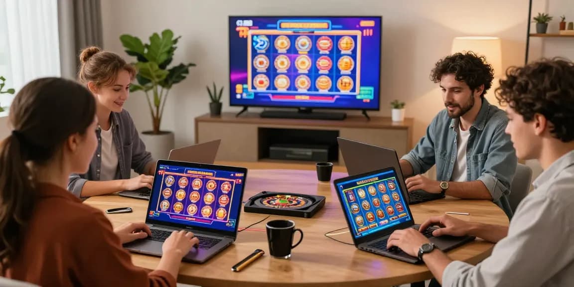Giocatori che si divertono con i giochi dei casinò non AAMS a casa, evidenziando grafiche vivaci e eccitazione.