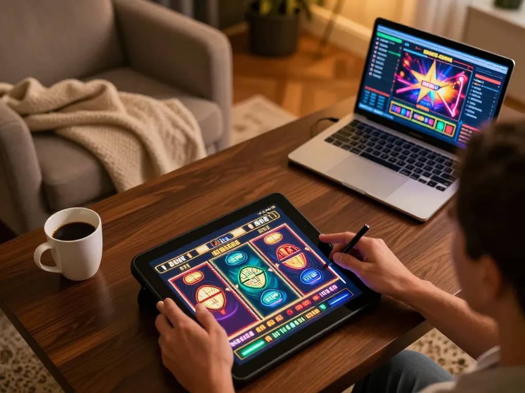 Player enjoying RR88's exciting slot games on tablet in a cozy home setting.