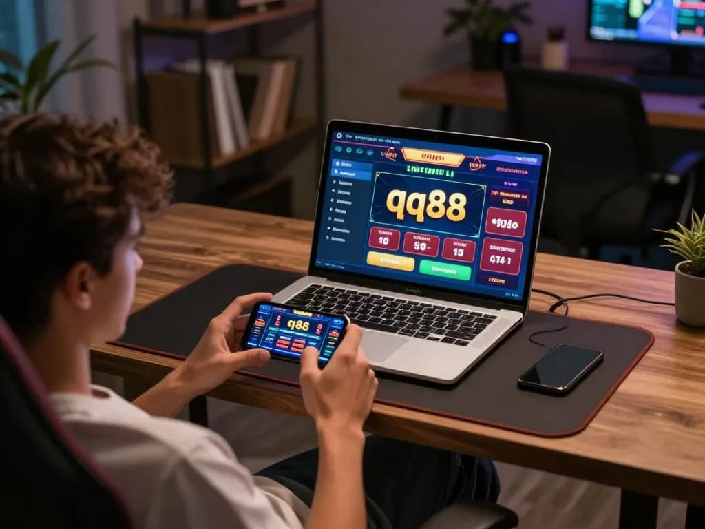 Engaged player utilizing the qq88 online casino platform on a laptop while placing bets with a smartphone.