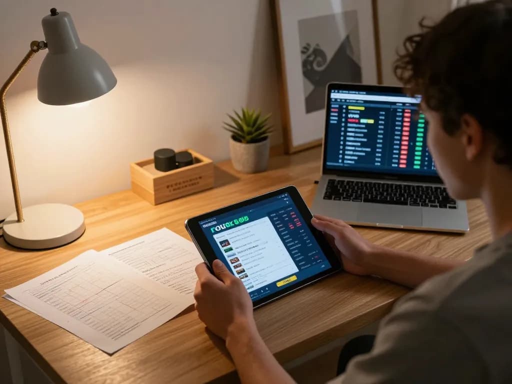 Pemain yang terlibat menikmati aplikasi rokok88 di tablet dengan panduan strategis di kantor rumah yang stylish.