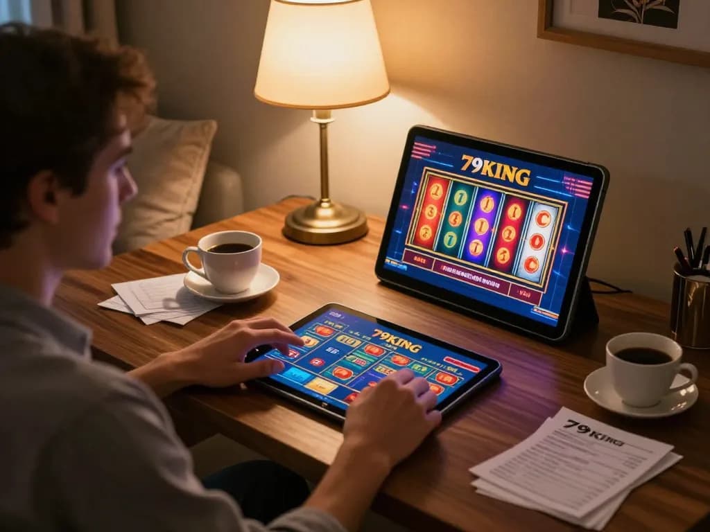 Playing exciting slot games at 79KING on a tablet in a cozy home setup.