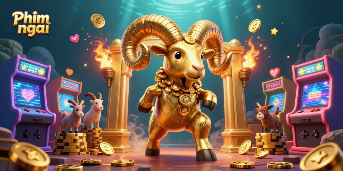 Engage with Phim mới in a dynamic 3D casino scene featuring a golden ram and arcade elements.