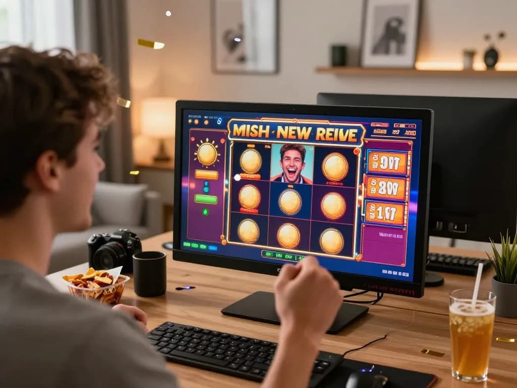Player enjoying a big win at an online slot game while exploring jus77 gaming options, vibrant visuals and an excited atmosphere