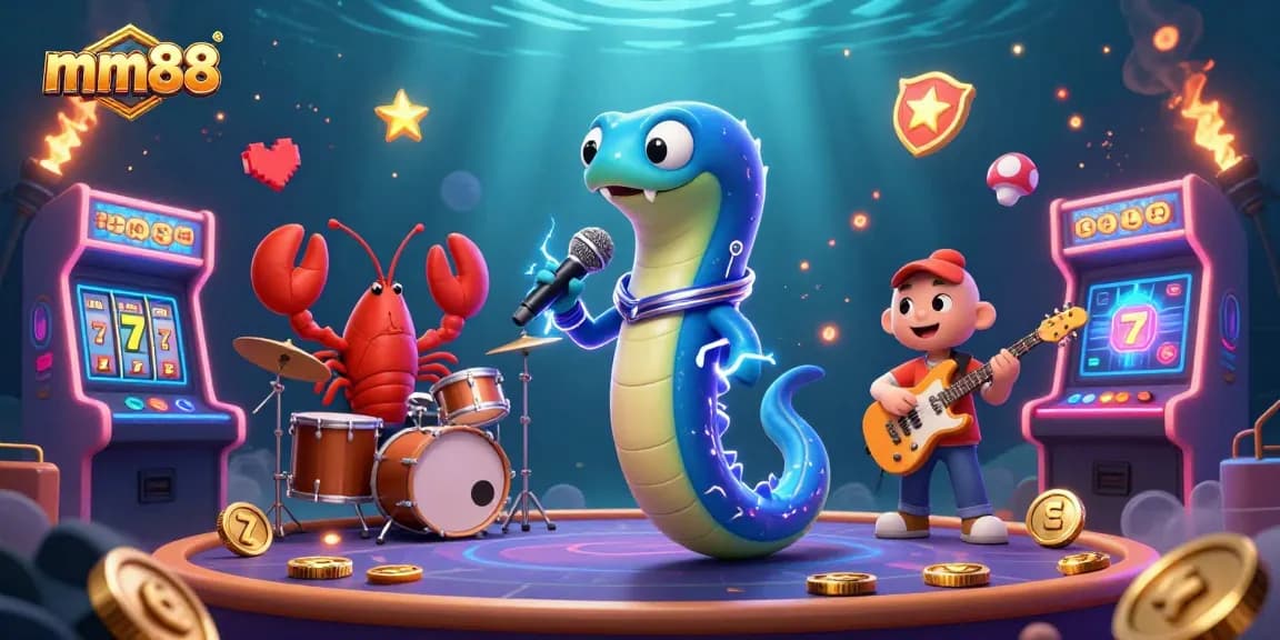 Engage in exciting gameplay at mm88 with an electric eel DJ in a vibrant underwater casino scene.