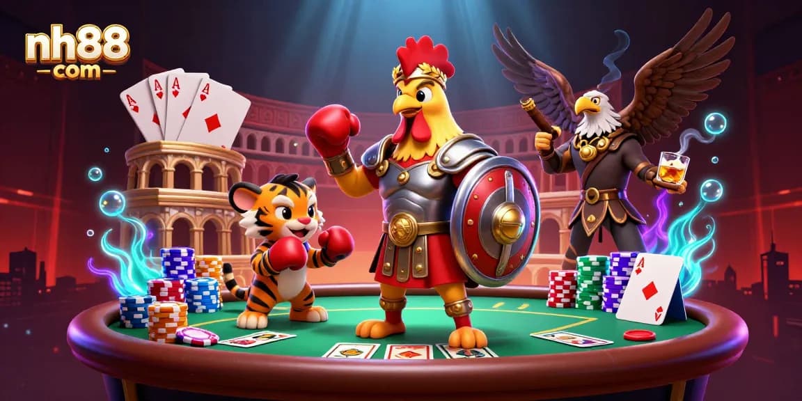 Experience thrilling gameplay at nh88 com with a lively 3D illustration of gambling excitement featuring iconic characters.