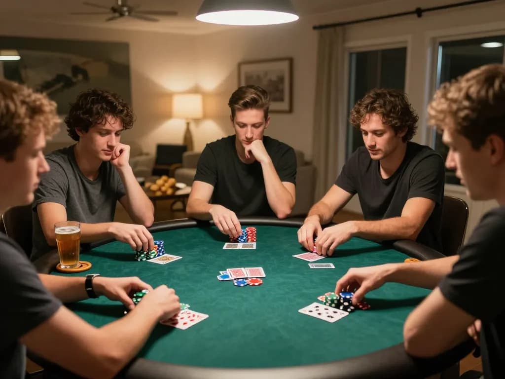 Friends enjoying a lively poker night at home while tracking keonhacaii strategies with chips and cards