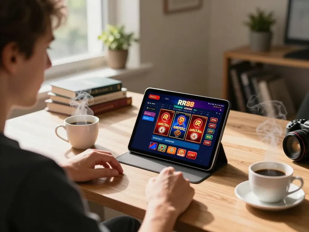 Player engaging with RR88 online casino on tablet in relaxing home environment.