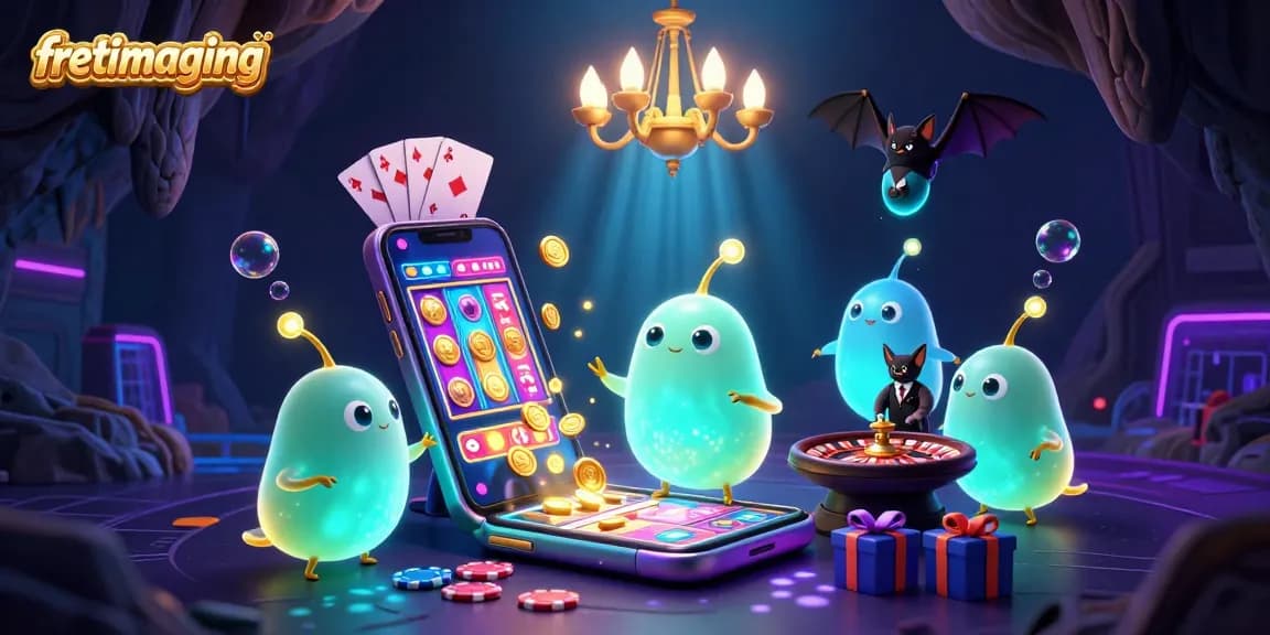 Experience vibrant gambling fun with fretimaging, featuring glowworms lighting a cave casino and a bat dealer.