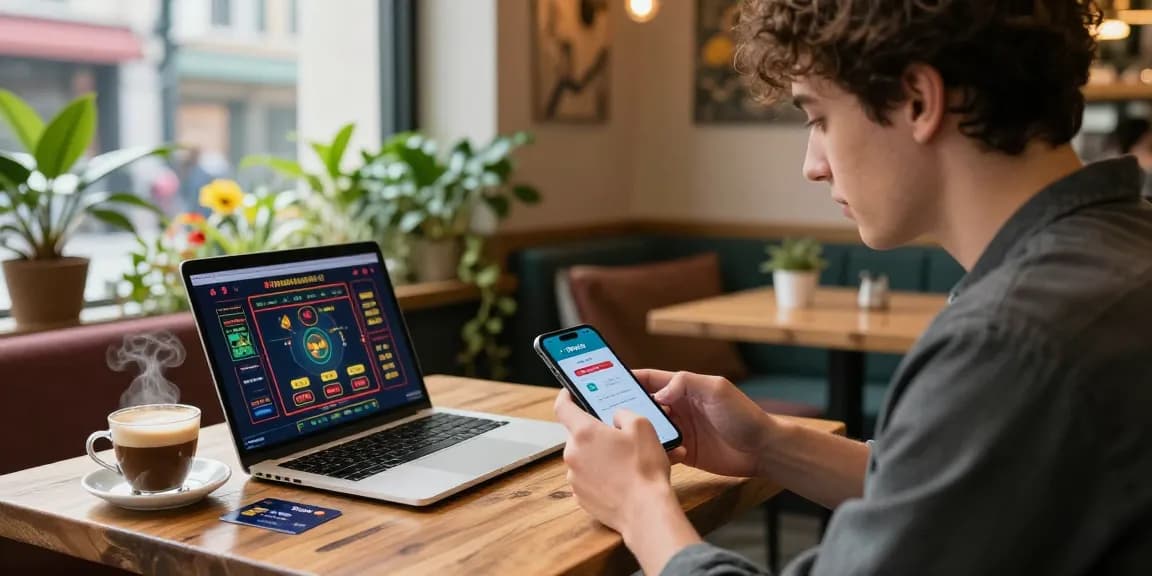 Person, die ein Paysafe Card Casino-Erlebnis in einem stilvollen Café genießt