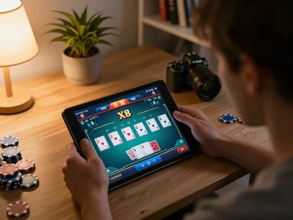 Engaged player enjoying XX 88 poker on tablet at home, showcasing chips and cards.