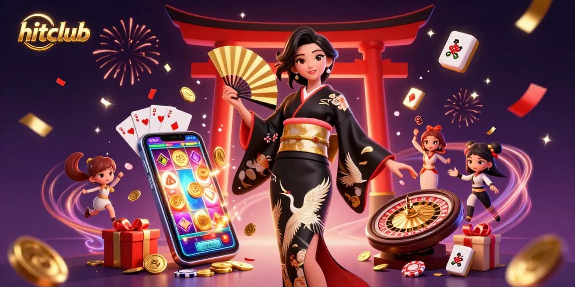 Play on hitclub with a vibrant 3D illustration depicting an elegant Asian woman in a modern kimono amidst a lively casino atmosphere.