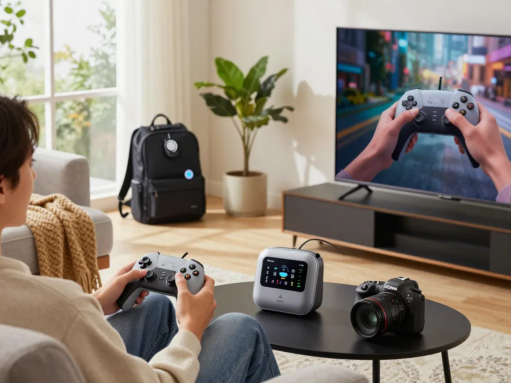Engaging scene with cool tech gadgets under $115 in a modern living room, featuring a game controller, AirFly Pro 2, and Fitbit Charge 6.