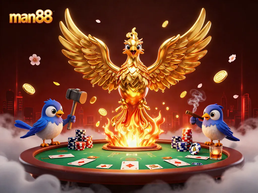 Experience the exciting world of man88 with a golden phoenix and poker elements in a vibrant casino scene.