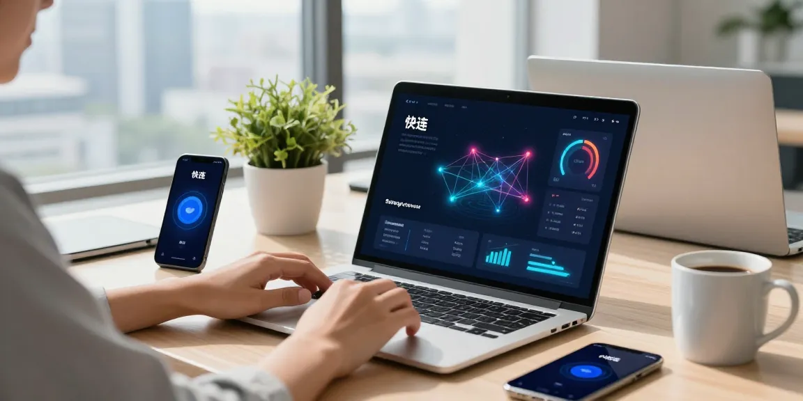 快连 app displayed on a laptop in a modern tech workspace, depicting fast network performance and productivity.