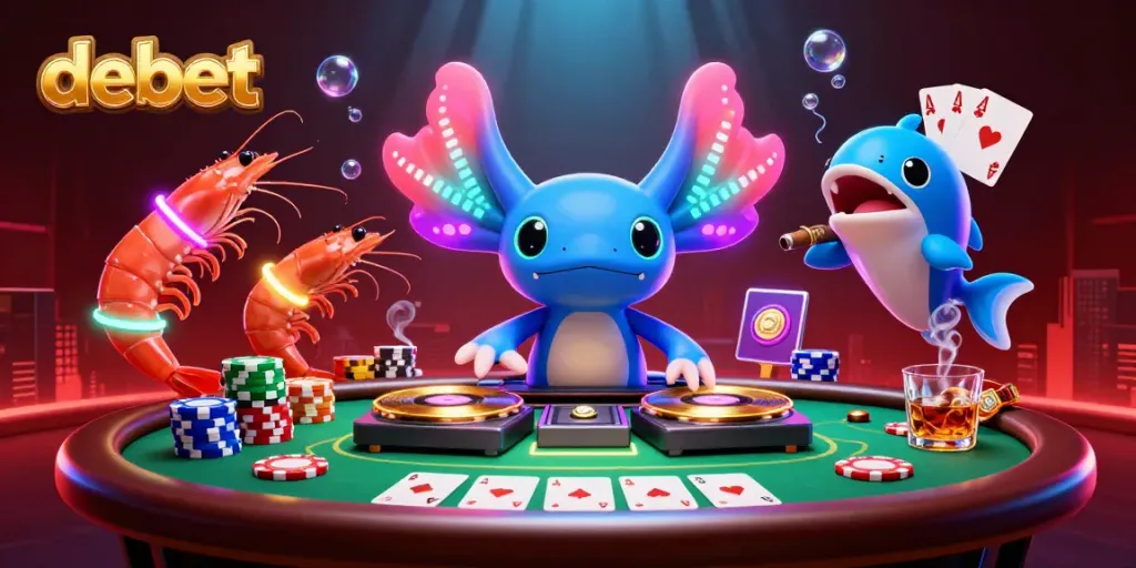 Experience debet's vibrant underwater casino scene, featuring a neon axolotl DJ and lively poker action.