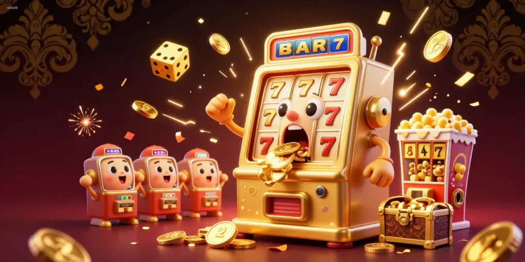 The da88 slot machine character hits the jackpot with a vibrant explosion of coins and symbols, showcasing a fun gaming atmosphere.