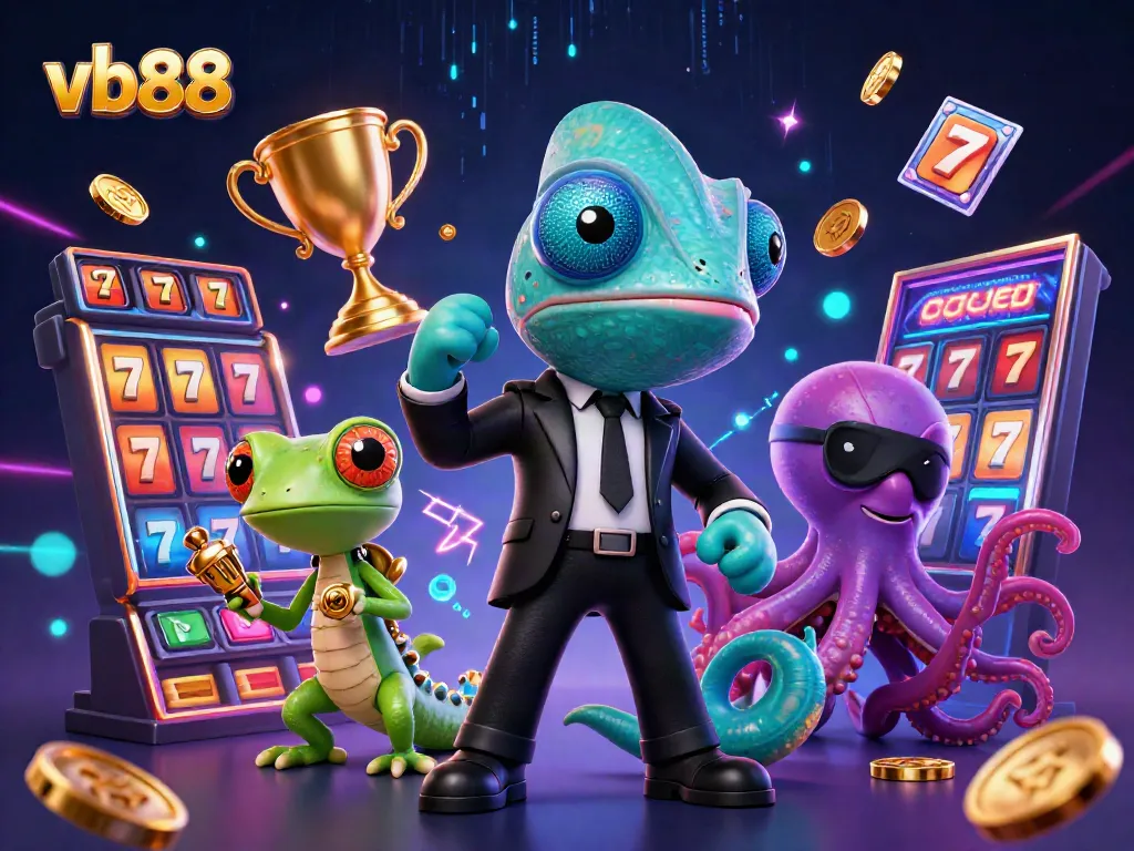 Engaging illustration of vb88 with a secret agent chameleon, tech-savvy gecko, and a villainous octopus in a vibrant casino setting.