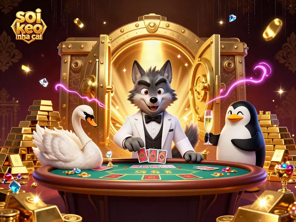 Soi keo nha cai features a debonair wolf with a swan and penguin in a vibrant casino scene.