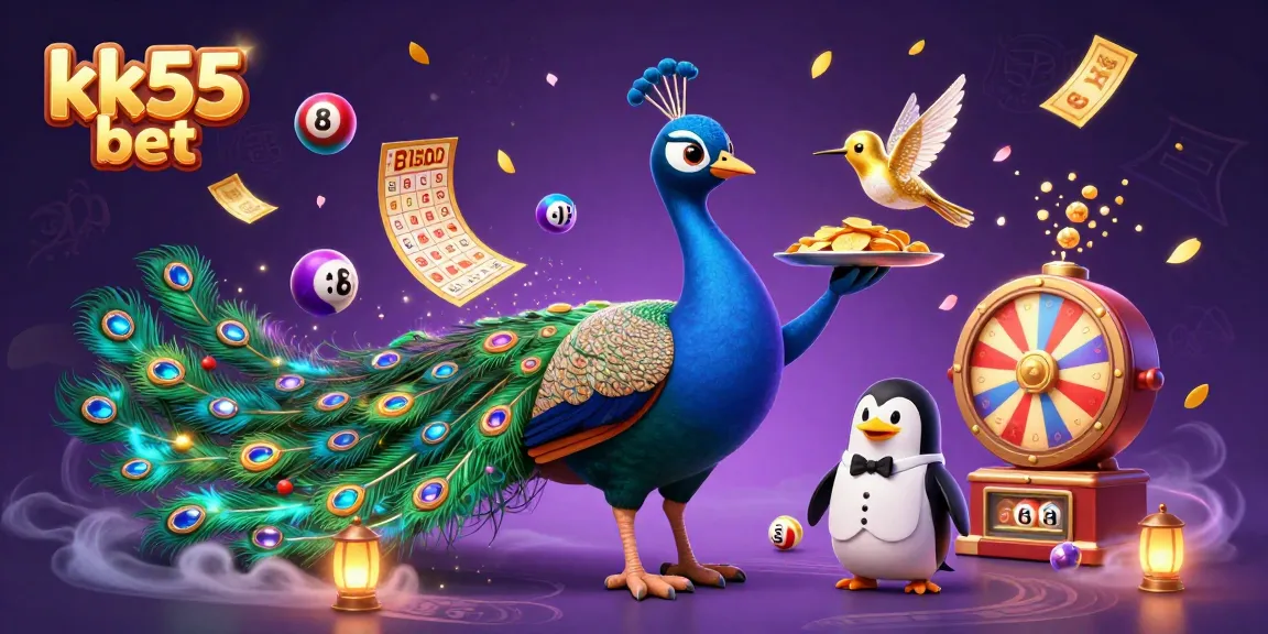 Engage in exciting gaming with kk55 bet, featuring a vibrant casino scene with a peacock and colorful elements.