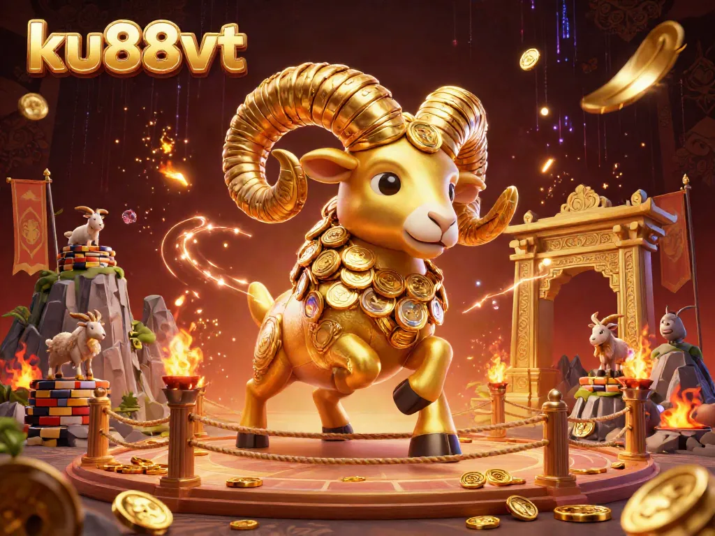 Experience immense thrills with ku88vt featuring a striking golden ram charging through a dynamic carnival-themed scene.