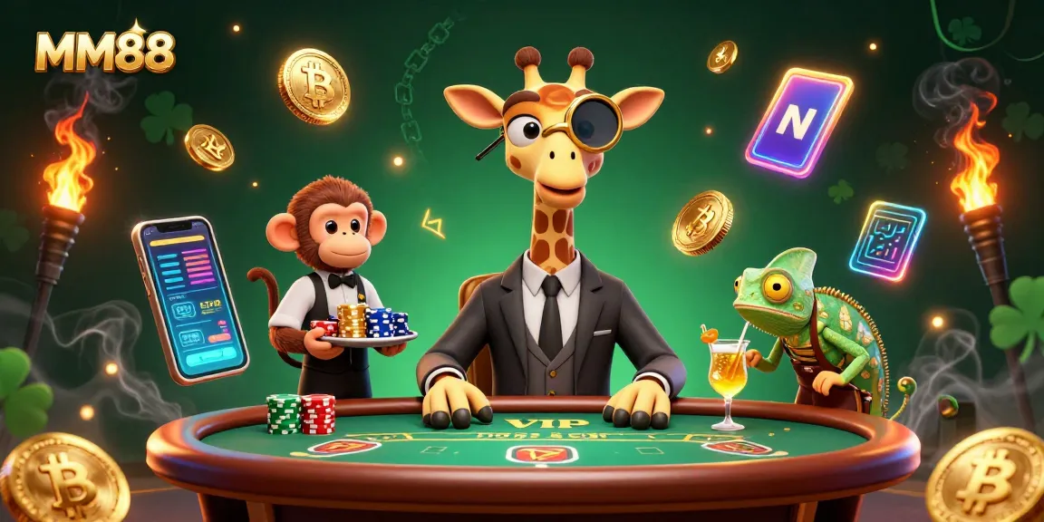 Engage with MM88's thrilling casino atmosphere featuring a high-roller giraffe at a poker table.
