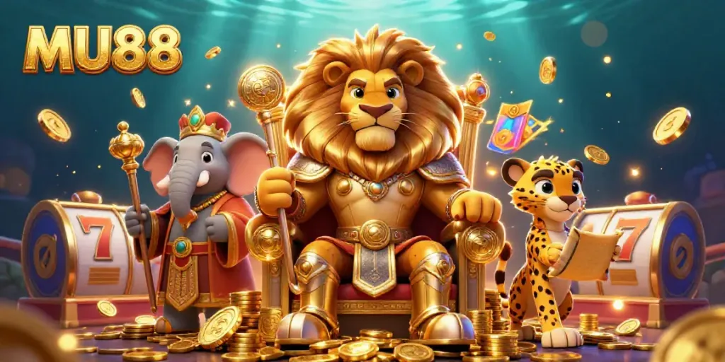 Experience the thrilling world of MU88 with royal characters amidst vibrant slot machines and golden treasures.