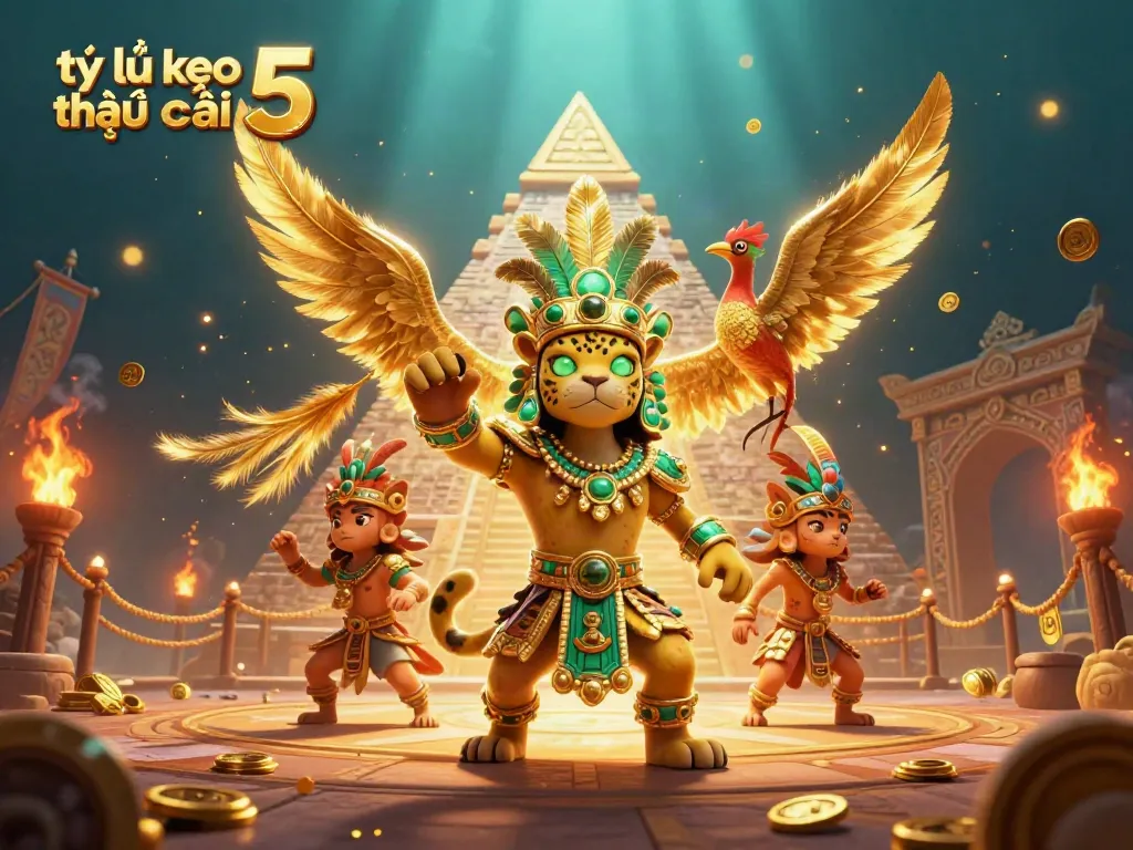 Engaging scene showcasing tỷ lệ kèo nhà cái 5 with a Mayan priest and quetzal bird surrounded by betting tokens and vibrant effects.