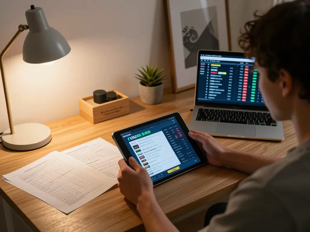 Pemain yang terlibat menikmati aplikasi rokok88 di tablet dengan panduan strategis di kantor rumah yang stylish.