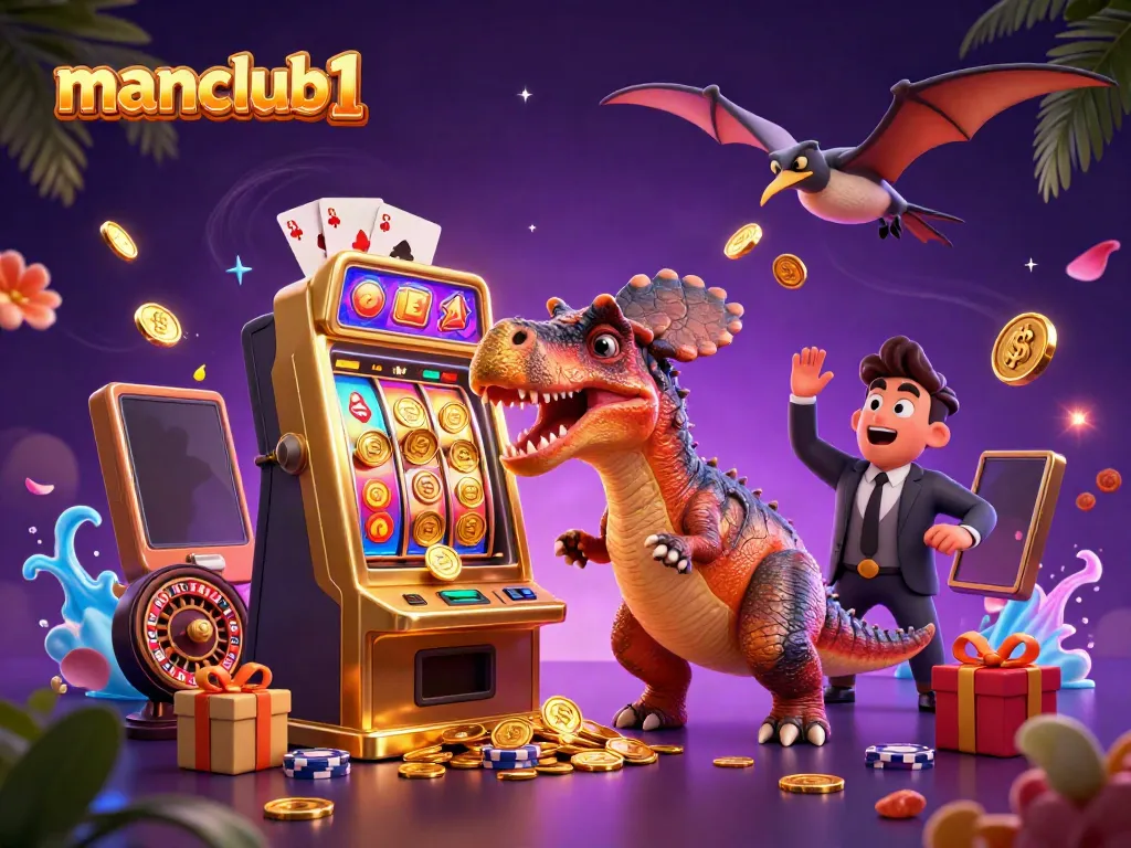 manclub1 showcases a pachycephalosaurus celebrating a jackpot win at a casino slot machine amidst flying coins.