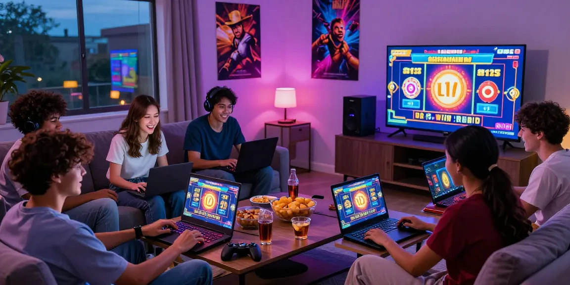 Friends enjoying a lively slot gacor gaming session in a modern living room.