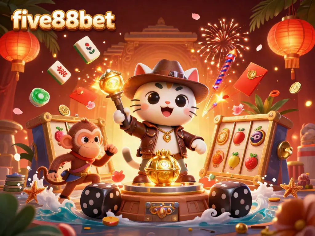 Experience five88bet's thrilling casino world, filled with vibrant slot reels, rich colors, and enchanting characters.