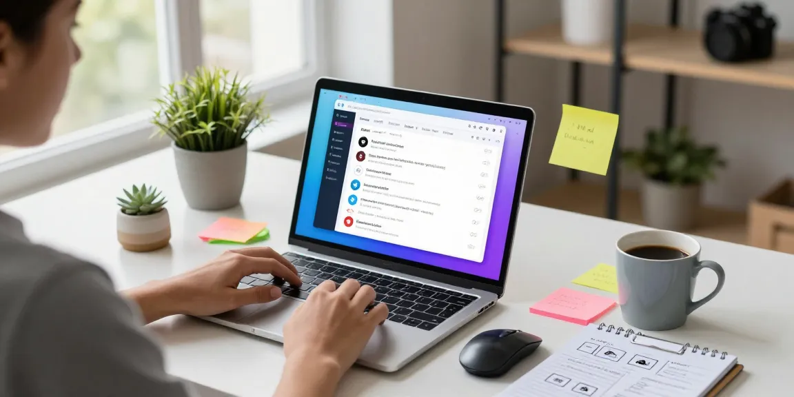 User interacting with the Telegram web version on a modern laptop in a vibrant workspace.