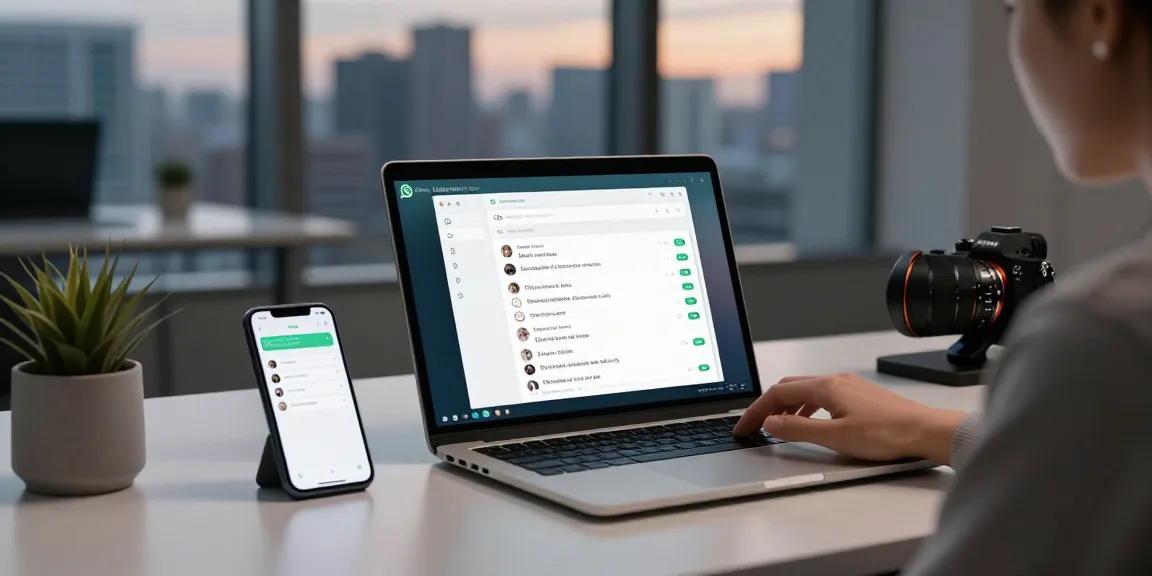 Accessing WhatsApp網頁版 on a sleek laptop in a modern workspace.