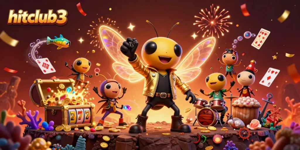 Engage with hitclub3 in a dynamic casino adventure featuring a cicada rock star, slot reels, and treasures.