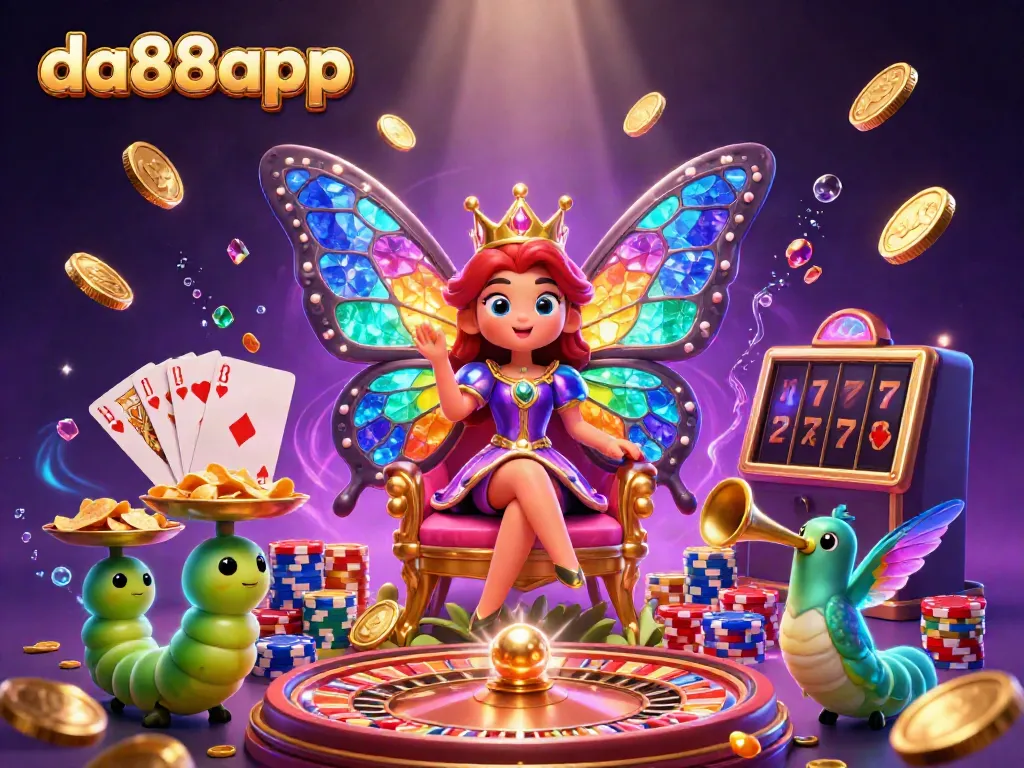 Experience the thrill of da88app with a vibrant casino scene featuring a butterfly queen and glamorous winnings.