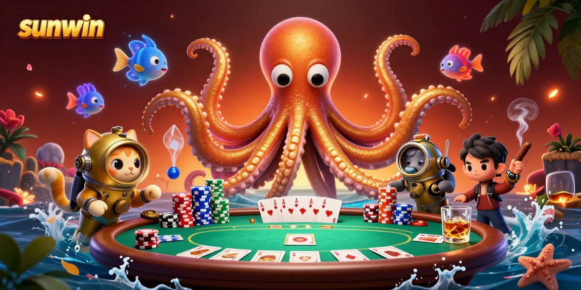 Play poker with sunwin in a vibrant underwater scene featuring a kraken and a diving cat.