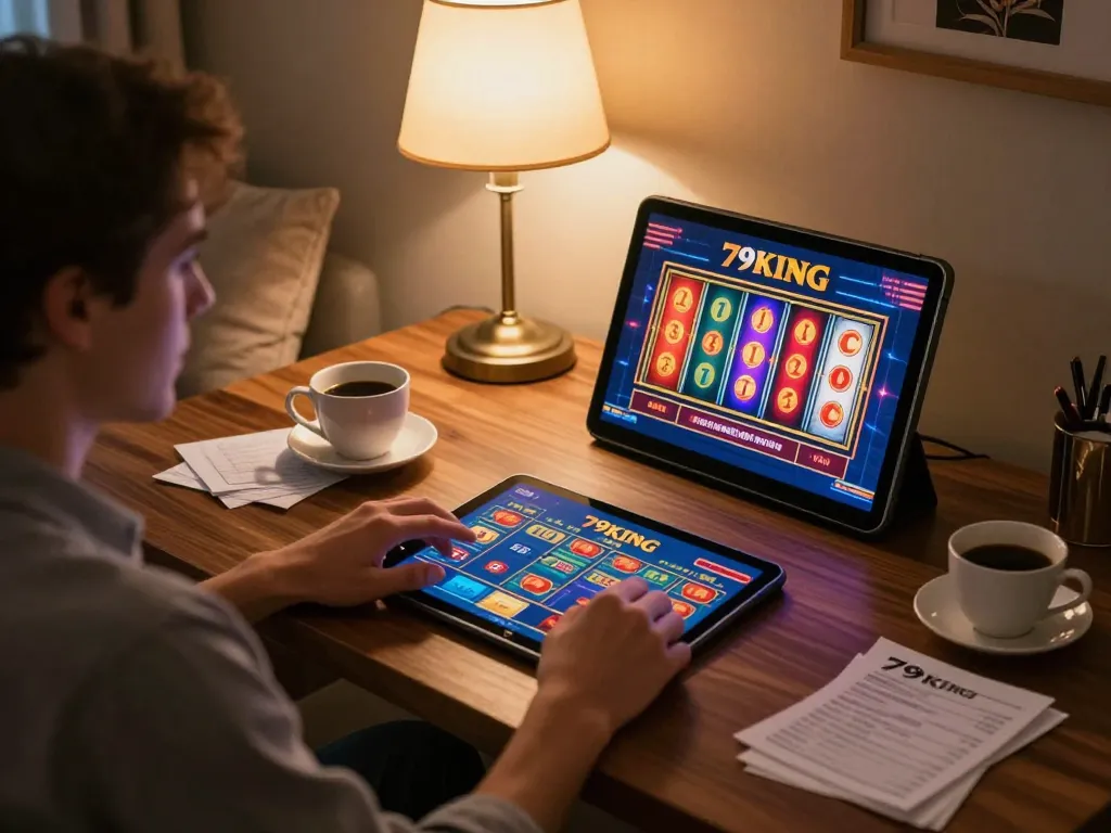 Playing exciting slot games at 79KING on a tablet in a cozy home setup.