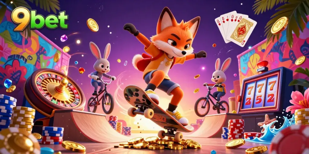 Experience thrilling bets with 9bet, featuring vibrant characters, casino elements, and dynamic action.