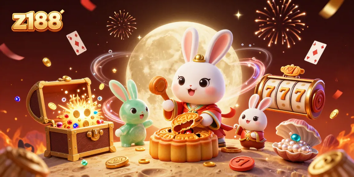 Engage with z188's exciting slots as a moon rabbit reveals poker chips while surrounded by vibrant casino elements.