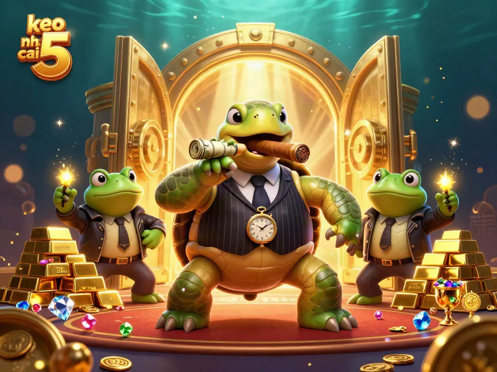 Enhance your gaming with keo nha cai 5 featuring dynamic turtles and frog enforcers amidst treasure and vibrant lights.