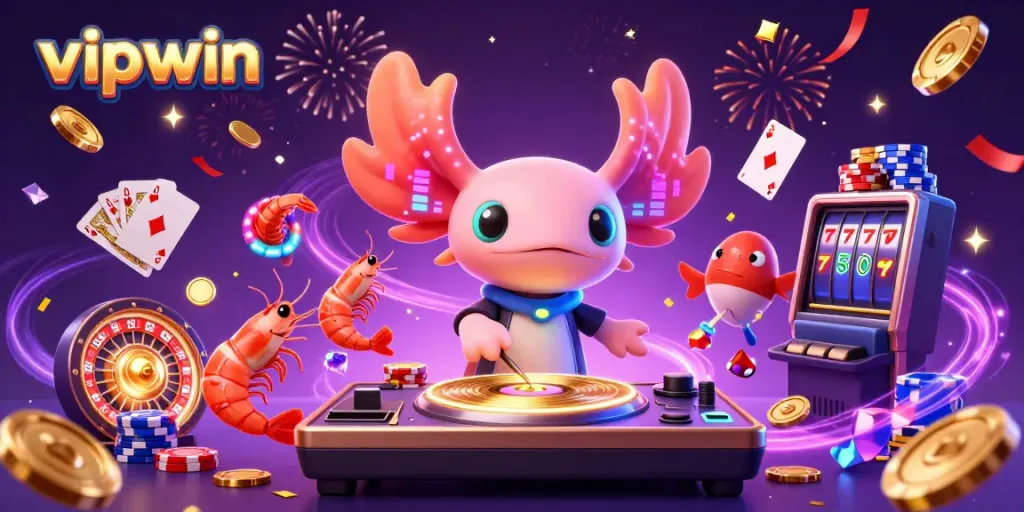 Experience winning excitement at vipwin with vibrant casino-themed characters and dynamic game elements.