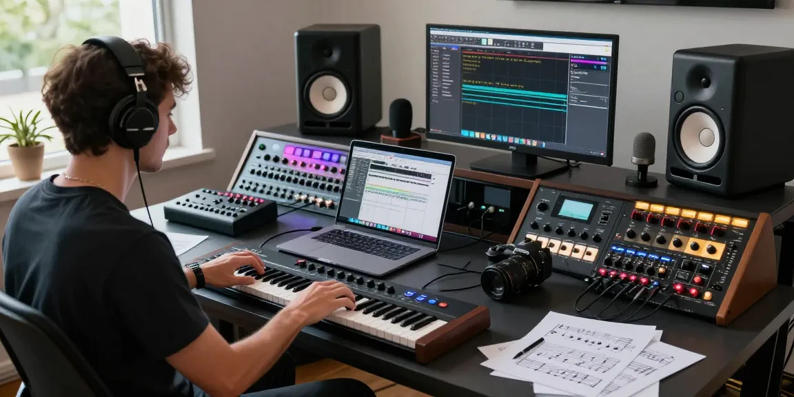 Music producer using SC88 sound module in a vibrant audio workstation.
