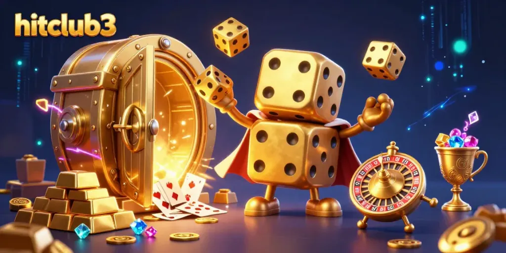Experience thrilling gaming action at hitclub3, featuring vibrant 3D golden dice, treasures, and colorful elements.
