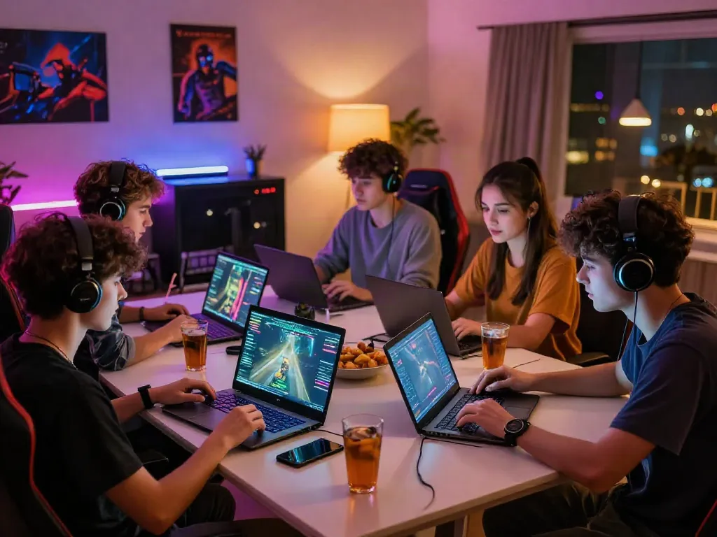 Dynamic online gaming night at https://ku88vt.com/ with friends enjoying gaming and snacks.