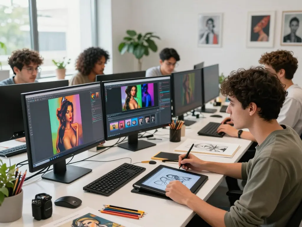 Artists collaborating on AI porn generation in a bright digital studio.