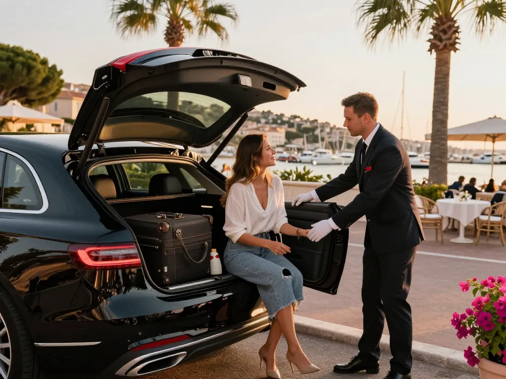 Taxi Saint Tropez offrant un service de transport privé de luxe avec un chauffeur professionnel et en toile de fond un port pittoresque.
