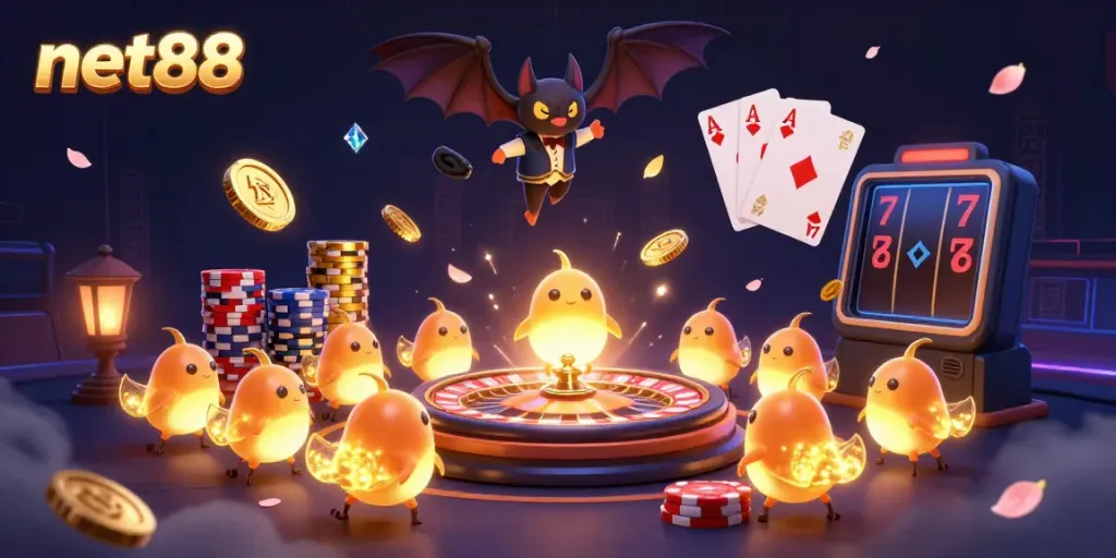 Experience an exciting game scene with net88’s glowworms illuminating the casino arena.