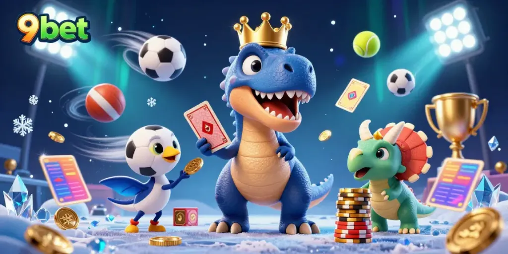 Engage in thrilling gameplay at 9bet with a cartoon T-Rex shuffling cards and dino friends stacking chips.