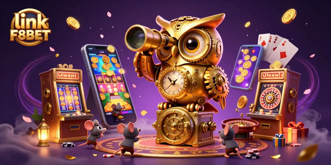 Watch the dynamic casino scene come alive with link F8BET, featuring golden owls, playful mice, and vibrant slot games.
